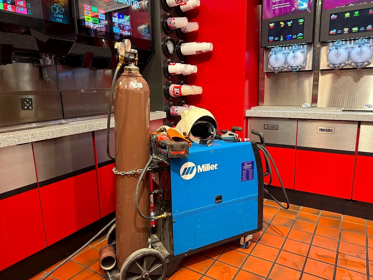 On-site welding setup inside a store
